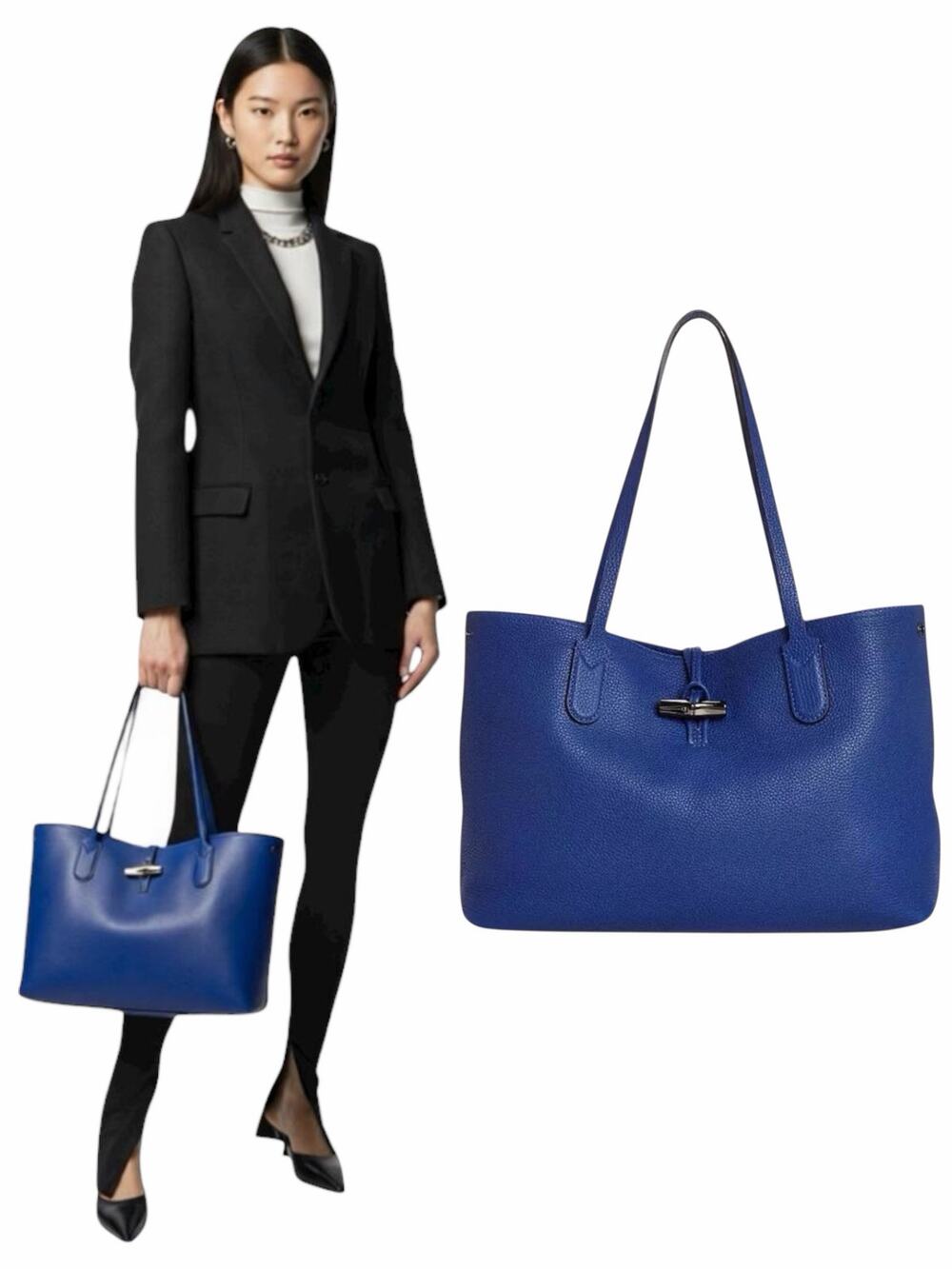 Longchamp Le Roseau Essential Tote Bag Shoulder Bag Pebble Leather Blue